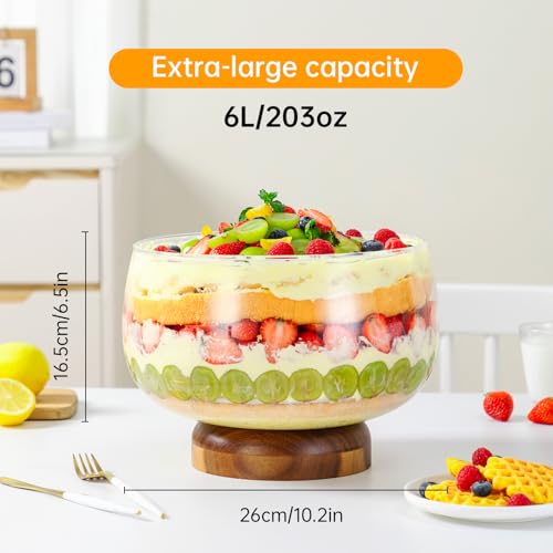 NiHome 203oz Extra Large Glass Trifle Bowl with Acacia Wood Stand Serving Dish for Cakes Salads Desserts Stylish Display for Parties Weddings Special Occasions Durable Easy to Clean - Image 3