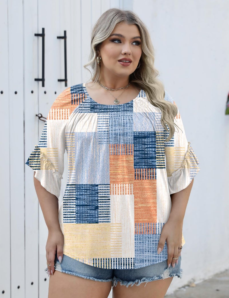 Micoson Womens Plus Size Tops 3/4 Ruffle Sleeve Office Shirts for Women Dressy Summer Spring Tops Loose Fitting Blouse - Image 5