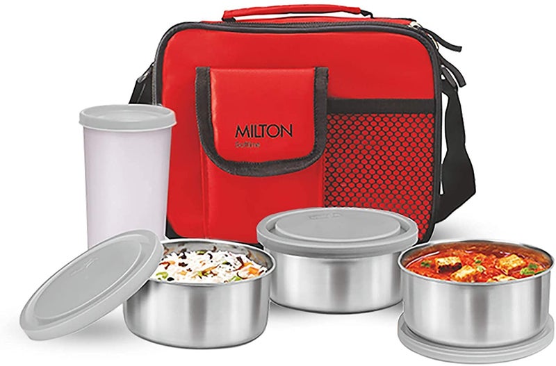 Milton MILTON New Steel Combi Lunch Box with Insulated Fabric Jacket, 3 Stainless Steel Containers 280 ml Each & 1 Plastic Tumbler with lid 400 ml, Leak-Proof Tiffin for Office, College, Picnic, Red  - Image 1