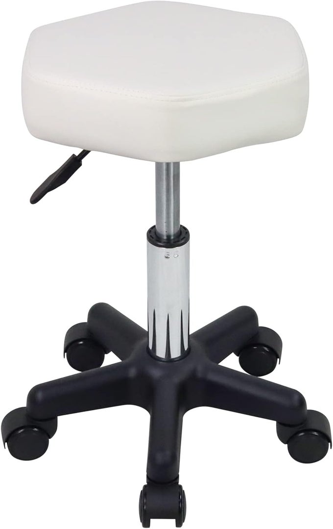 HEXAGON ROLLING STOOL HEIGHT ADJUSTABLE STOOL WITH WHEELS FOR SPA SALON MASSAGE WHITE