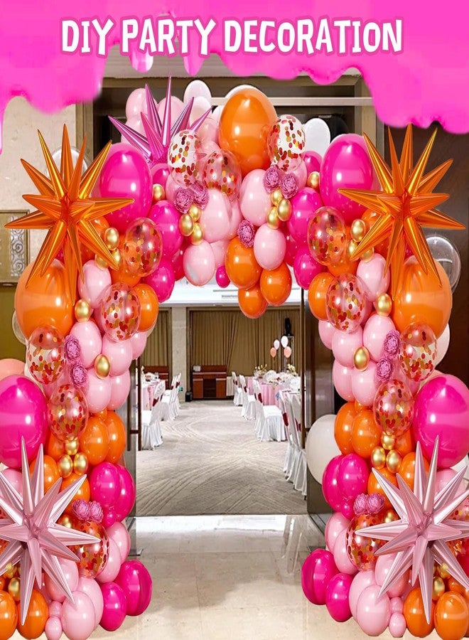 سيمبل بوليمر مجموعة قوس بالونات سيمبلي بوليمر باللونين الوردي والبرتقالي مع بالونات لاتكس على شكل نجوم مزينة بالقصاصات الورقية، مثالية لتزيين حفلات أعياد الميلاد والذكرى السنوية وحفلات الزفاف وحفلات هاواي. - Image 4