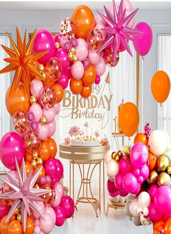 سيمبل بوليمر مجموعة قوس بالونات سيمبلي بوليمر باللونين الوردي والبرتقالي مع بالونات لاتكس على شكل نجوم مزينة بالقصاصات الورقية، مثالية لتزيين حفلات أعياد الميلاد والذكرى السنوية وحفلات الزفاف وحفلات هاواي. - Image 1