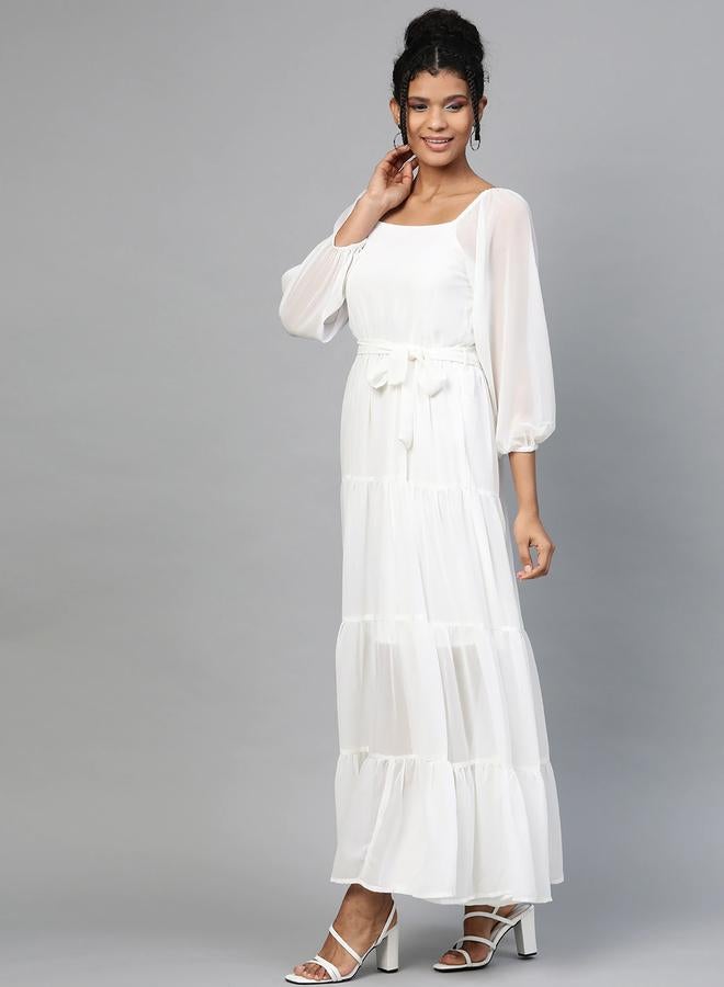 SASSAFRAS White Plain Long Sleeve Tiered Maxi Dress - Image 1