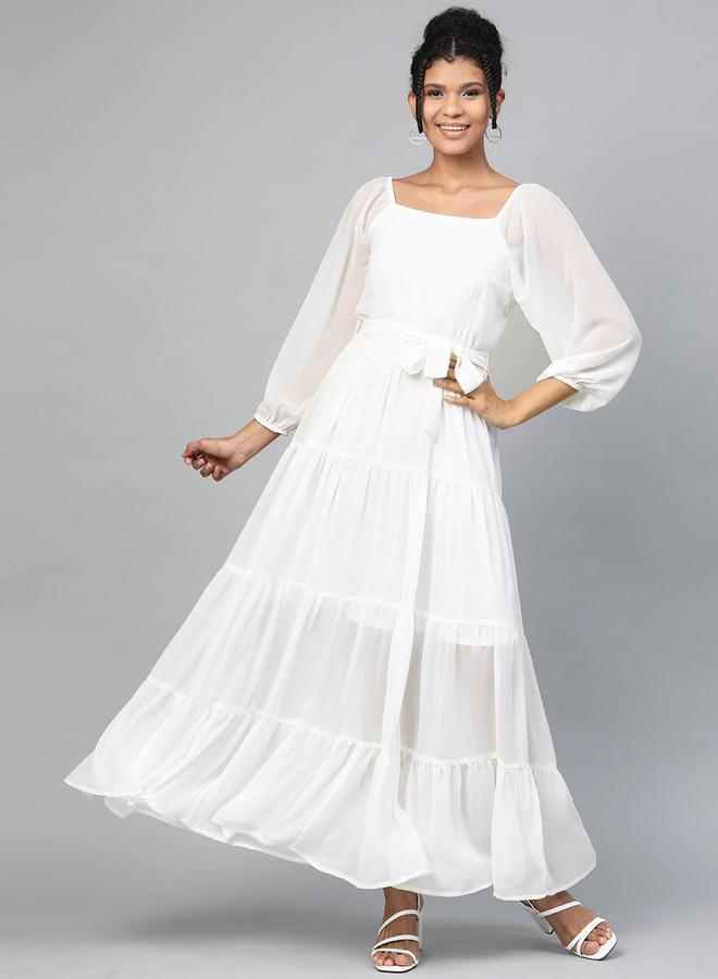 SASSAFRAS White Plain Long Sleeve Tiered Maxi Dress - Image 2
