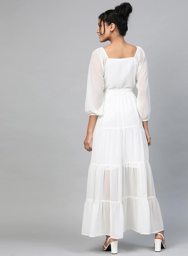 SASSAFRAS White Plain Long Sleeve Tiered Maxi Dress - Image 3