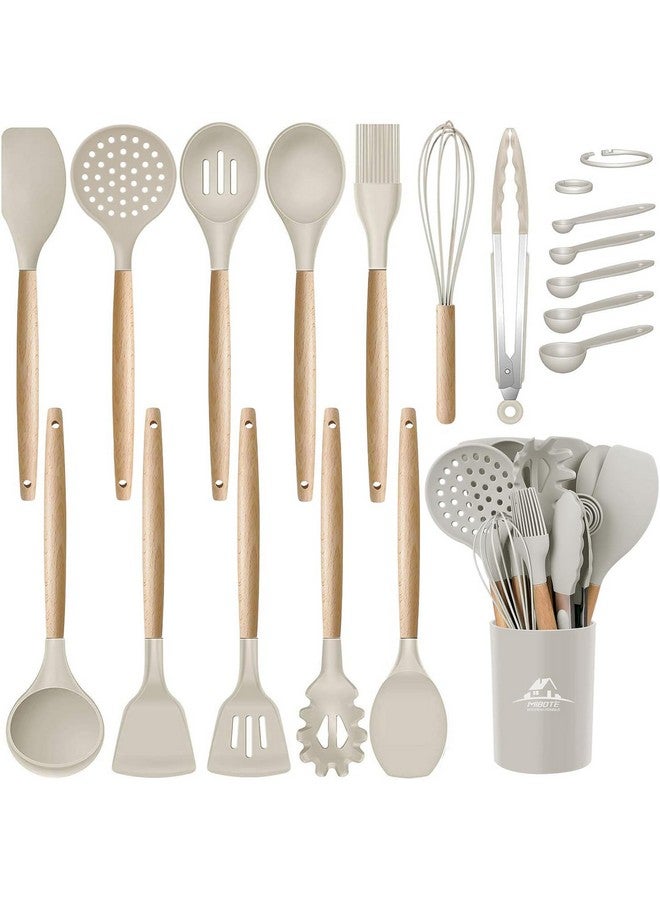MIBOTE Silicone Cooking Kitchen Utensils Set with Holder, Wooden Handles BPA Free Non Toxic Silicone Turner Tongs Spatula Spoon Kitchen Gadgets Utensil Set for Nonstick Cookware (Khaki) - Image 1