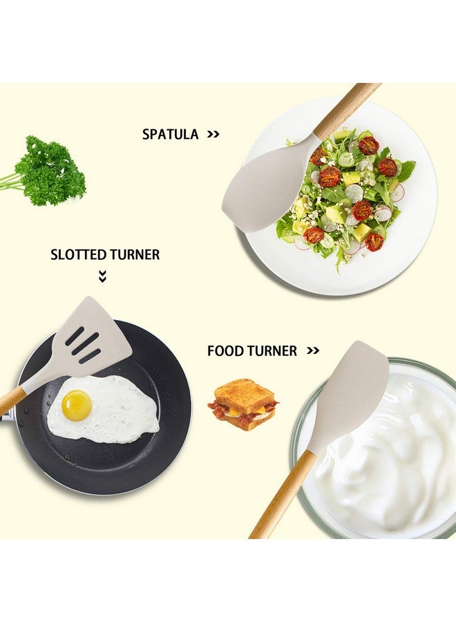 MIBOTE Silicone Cooking Kitchen Utensils Set with Holder, Wooden Handles BPA Free Non Toxic Silicone Turner Tongs Spatula Spoon Kitchen Gadgets Utensil Set for Nonstick Cookware (Khaki) - Image 3