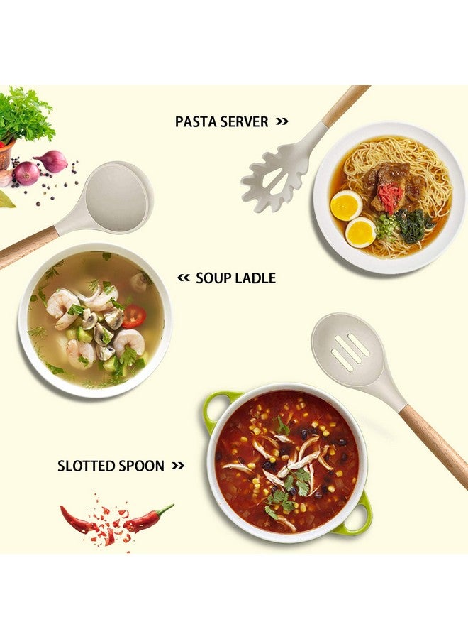 MIBOTE Silicone Cooking Kitchen Utensils Set with Holder, Wooden Handles BPA Free Non Toxic Silicone Turner Tongs Spatula Spoon Kitchen Gadgets Utensil Set for Nonstick Cookware (Khaki) - Image 2