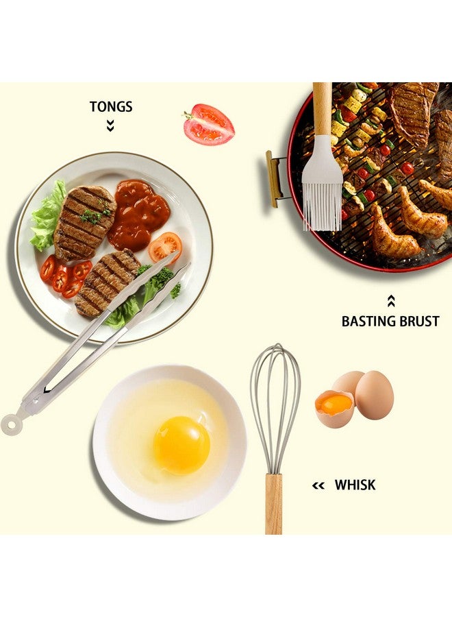 MIBOTE Silicone Cooking Kitchen Utensils Set with Holder, Wooden Handles BPA Free Non Toxic Silicone Turner Tongs Spatula Spoon Kitchen Gadgets Utensil Set for Nonstick Cookware (Khaki) - Image 4