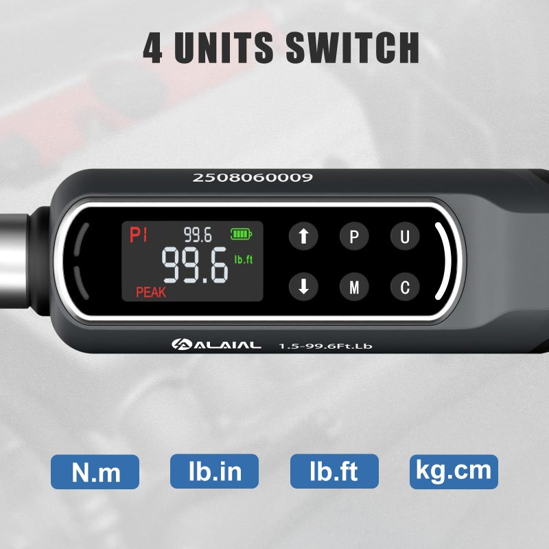 ALAIAL Digital Torque Wrench 3/8 Drive, 1.5-99.6Ft.Lb/2-135Nm Dual Direction Rachet Wrench with Vibration, Buzzer, LED Alert, Electronic Torque Wrench for Bicycle, Motorcycle, Car Tire, Mechanical - Image 5
