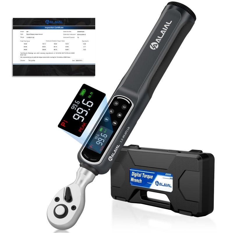 ALAIAL Digital Torque Wrench 3/8 Drive, 1.5-99.6Ft.Lb/2-135Nm Dual Direction Rachet Wrench with Vibration, Buzzer, LED Alert, Electronic Torque Wrench for Bicycle, Motorcycle, Car Tire, Mechanical - Image 1