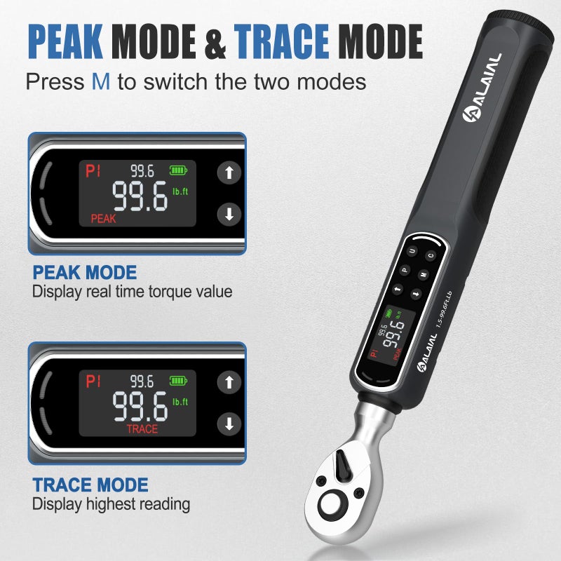 ALAIAL Digital Torque Wrench 3/8 Drive, 1.5-99.6Ft.Lb/2-135Nm Dual Direction Rachet Wrench with Vibration, Buzzer, LED Alert, Electronic Torque Wrench for Bicycle, Motorcycle, Car Tire, Mechanical - Image 4