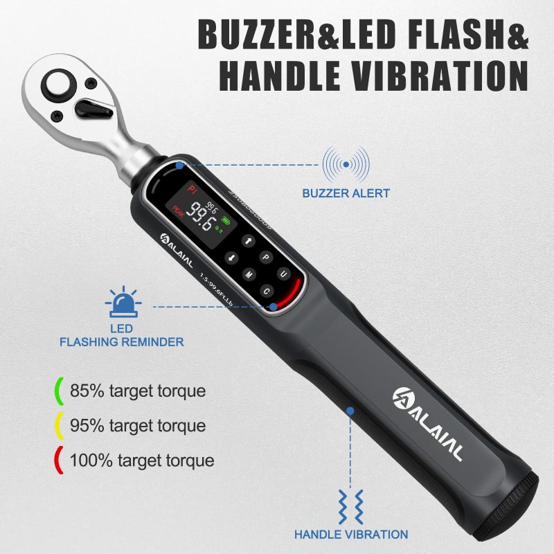 ALAIAL Digital Torque Wrench 3/8 Drive, 1.5-99.6Ft.Lb/2-135Nm Dual Direction Rachet Wrench with Vibration, Buzzer, LED Alert, Electronic Torque Wrench for Bicycle, Motorcycle, Car Tire, Mechanical - Image 3