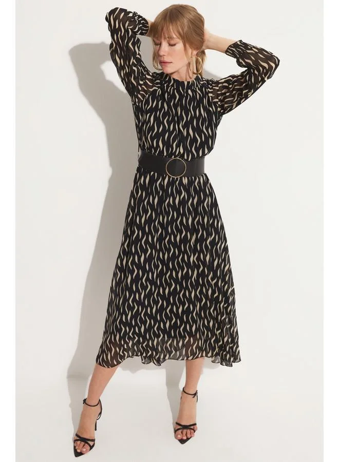 JUNE June Pleated Long Sleeve Elastic Waist Dress Beige