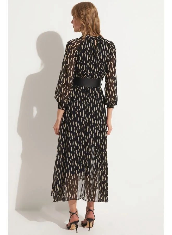 JUNE June Pleated Long Sleeve Elastic Waist Dress Beige