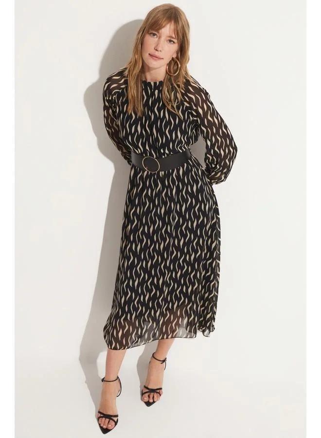 JUNE June Pleated Long Sleeve Elastic Waist Dress Beige