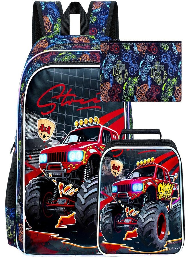 gxtvo 3PCS Boys Truck Preschool Backpack, 16" Kids Bookbag with Lunch Box, Water Resistant Elementary Toddler School Bag - Red Truck - Image 1