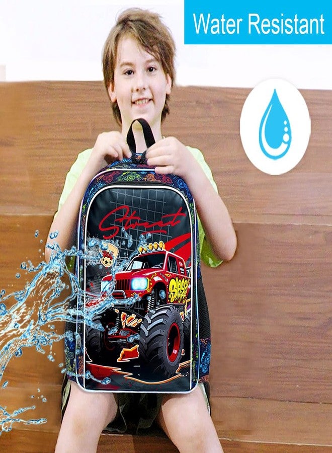 gxtvo 3PCS Boys Truck Preschool Backpack, 16" Kids Bookbag with Lunch Box, Water Resistant Elementary Toddler School Bag - Red Truck - Image 3