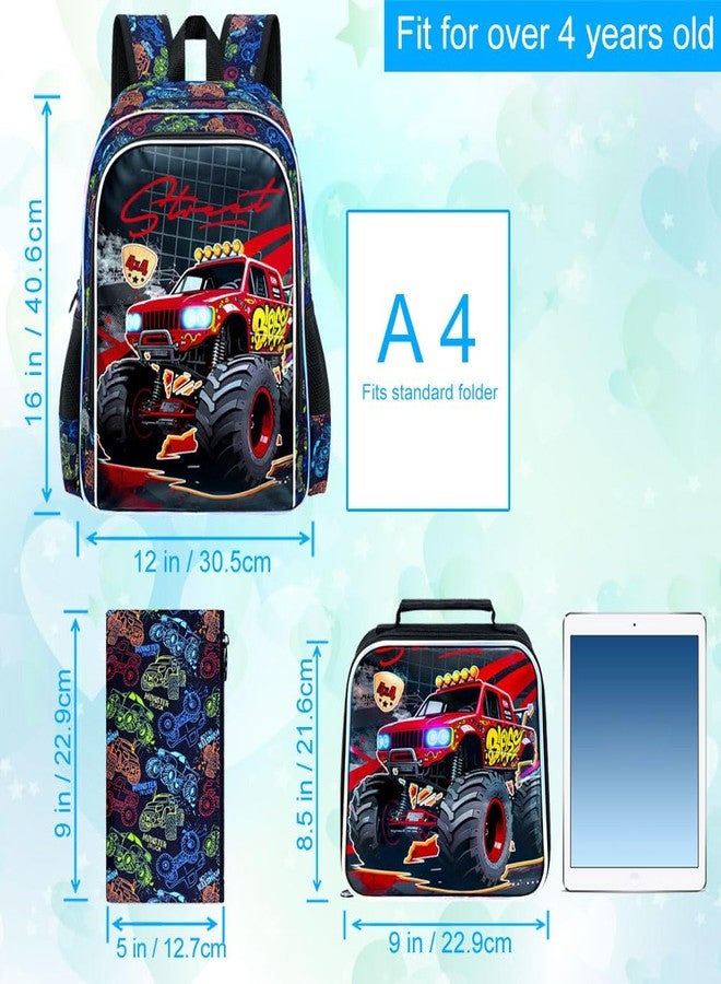 gxtvo 3PCS Boys Truck Preschool Backpack, 16" Kids Bookbag with Lunch Box, Water Resistant Elementary Toddler School Bag - Red Truck - Image 4
