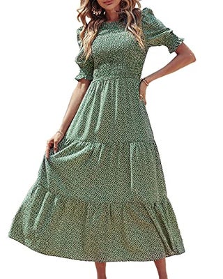 BTFBM BTFBM Women Casual Summer Dresses 2025 Spring Crew Neck Ruffle Short  Sleeve Floral Print Smocked Boho Flowy Maxi Dress(Dot Green White, X-Large)  | Best Price Oman | Muscat, Seeb
