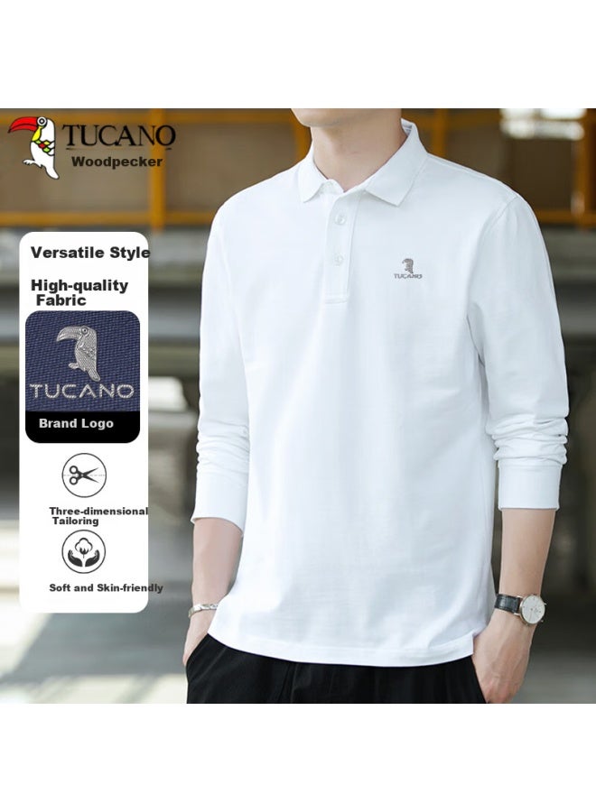 Tucano Men's Long Sleeve Polo Shirt Spring Autumn Business Casual Turn-down Collar Polo Shirt Basic Formal Top White L - Image 1