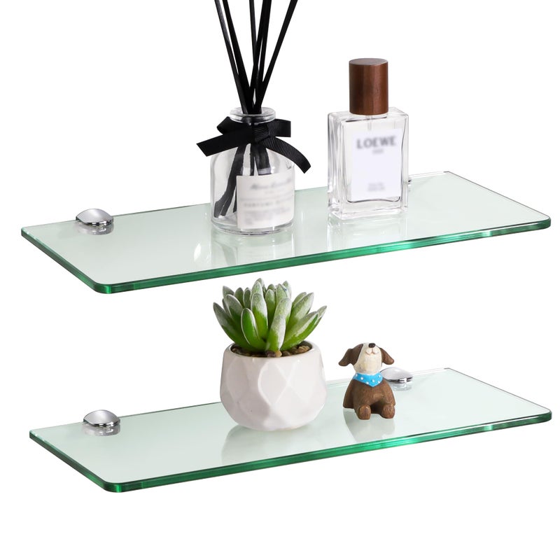 SAYAYO Glass Floating Shelves Set of 2 6MM Tempered Transparent Bathroom Shelf Wall Mounted with Chromed Shelf Brackets for Home Kitchen Bedroom Decor 30CM12Inch