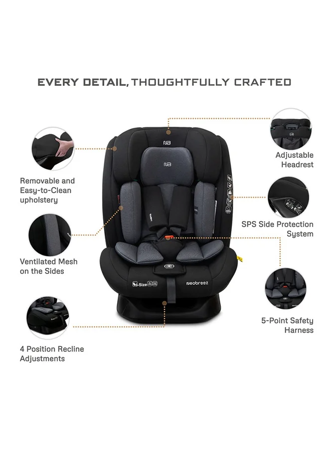 neobreez I-HEPTA All-in-1 Convertible Travel Car Seat for Baby, Toddler Child Girls Boys, i-Size, ECER129, Reclining&Adjustable Memory Foam, Lumbar&Reducing Cushion 0–36kg, 0–12Yrs, Group 0/1/2/3, 5-Point Harness