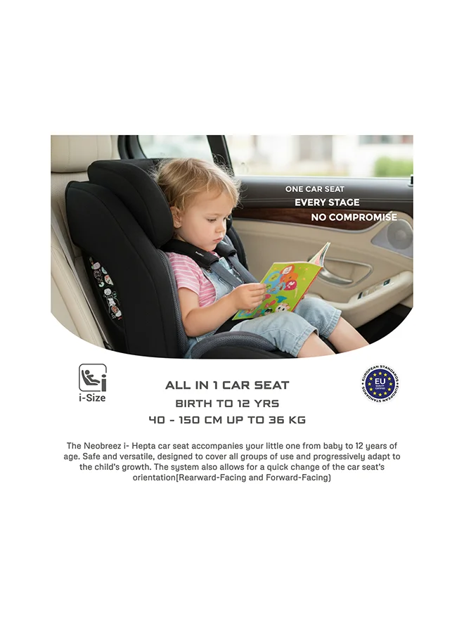 neobreez I-HEPTA All-in-1 Convertible Travel Car Seat for Baby, Toddler Child Girls Boys, i-Size, ECER129, Reclining&Adjustable Memory Foam, Lumbar&Reducing Cushion 0–36kg, 0–12Yrs, Group 0/1/2/3, 5-Point Harness