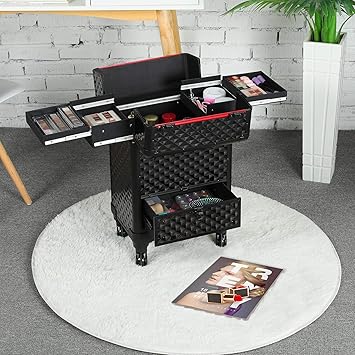 Yaheetech Cosmetic Case Professional Makeup Case Storage Travel Trolley on WheelsLockable Box with 1 Smooth Sliding Drawer Black - Image 2