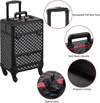 Yaheetech Cosmetic Case Professional Makeup Case Storage Travel Trolley on WheelsLockable Box with 1 Smooth Sliding Drawer Black - Image 4