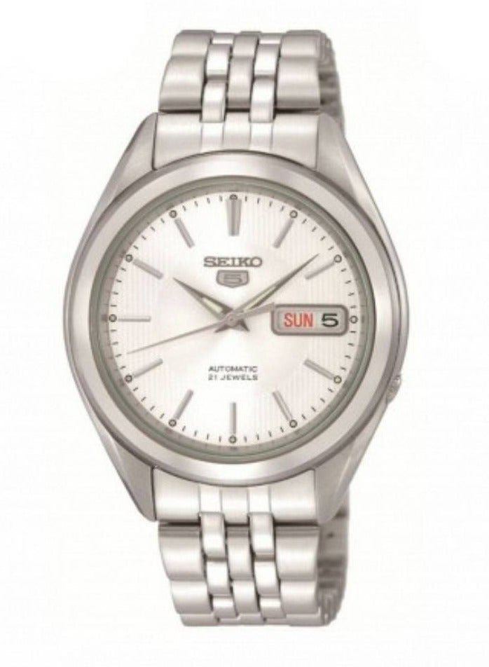 Seiko ساعة يد أوتوماتيكية ذات قرص أبيض من الفولاذ المقاوم للصدأ للرجال SNKL15K1