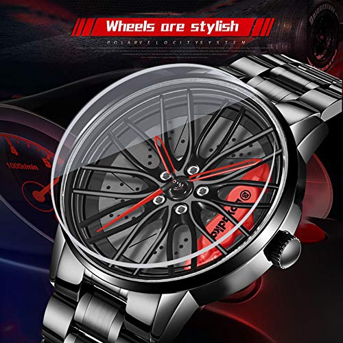iCyber Men's Stainless Steel Car Wheel Watch with Blue Sapphire Crystal, Japanese Quartz Movement, 30M Waterproof, Red - Image 2