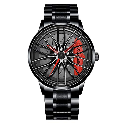 iCyber Men's Stainless Steel Car Wheel Watch with Blue Sapphire Crystal, Japanese Quartz Movement, 30M Waterproof, Red - Image 1