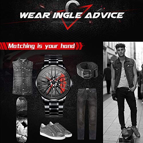 iCyber Men's Stainless Steel Car Wheel Watch with Blue Sapphire Crystal, Japanese Quartz Movement, 30M Waterproof, Red - Image 4