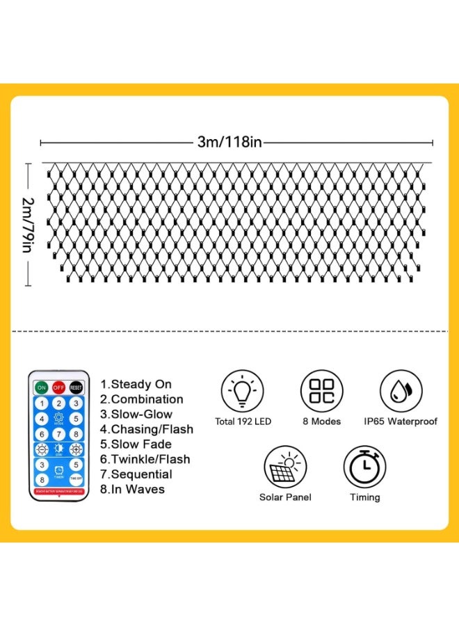 Arabest Solar Diwali Lights Net Light 3x2 m/192 LED Mesh Light with Remote Control IP65 Waterproof for Ramadan Party Patio Backyard Bush Fence Wall Christmas Holiday Decorations - Image 2