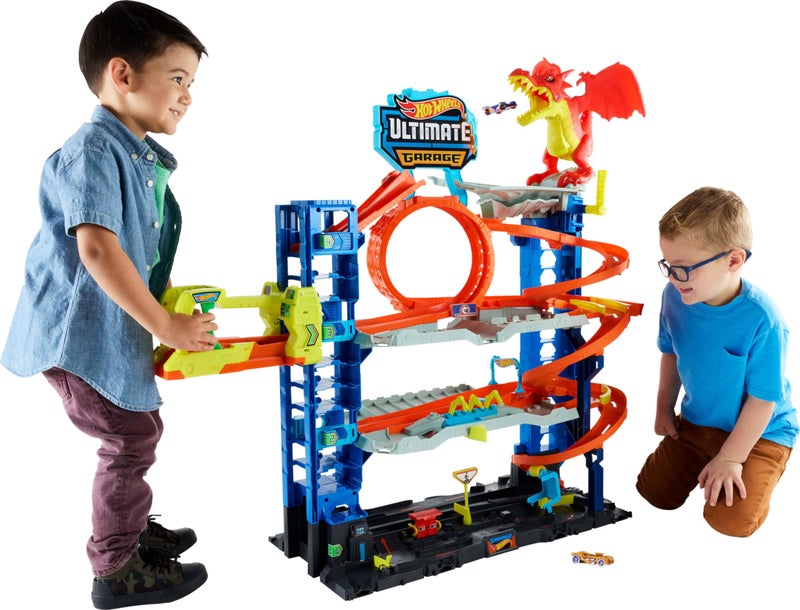 Hot Wheels City Ultimate Garage Track Set with 2 DieCast Toy Cars CarEating Dragon Stores 50 Vehicles 4 Levels - Image 2