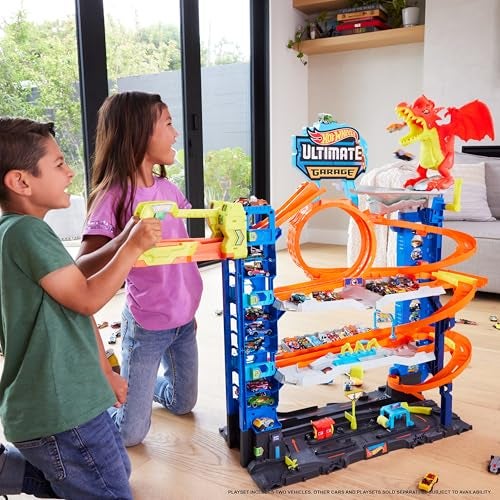 Hot Wheels City Ultimate Garage Track Set with 2 DieCast Toy Cars CarEating Dragon Stores 50 Vehicles 4 Levels - Image 3