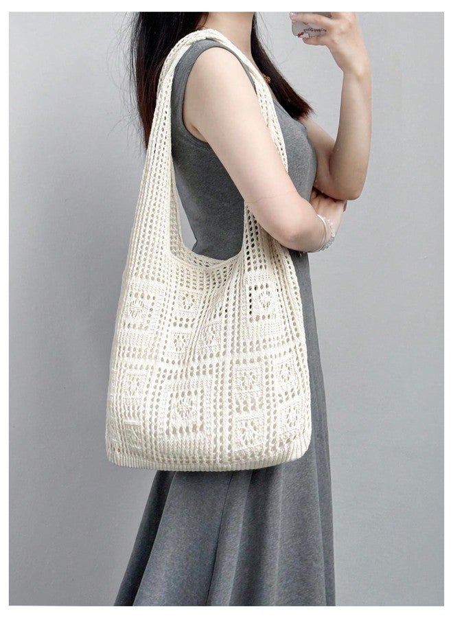 MakeMeChic Women's Crochet Handbags Hollow Out Double Handle Summer Tote Bag Apricot One Size - Image 4