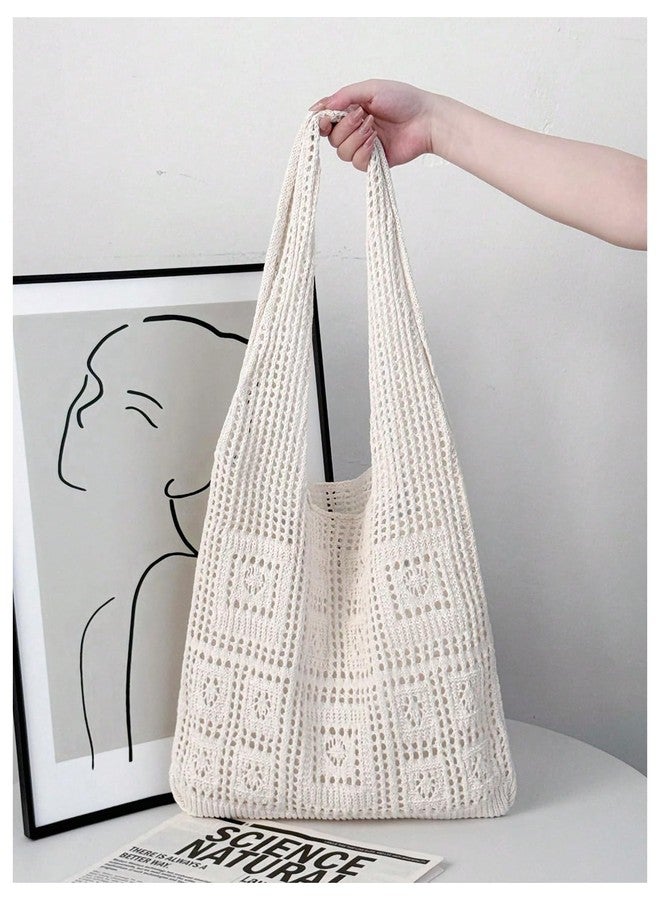 MakeMeChic Women's Crochet Handbags Hollow Out Double Handle Summer Tote Bag Apricot One Size - Image 2