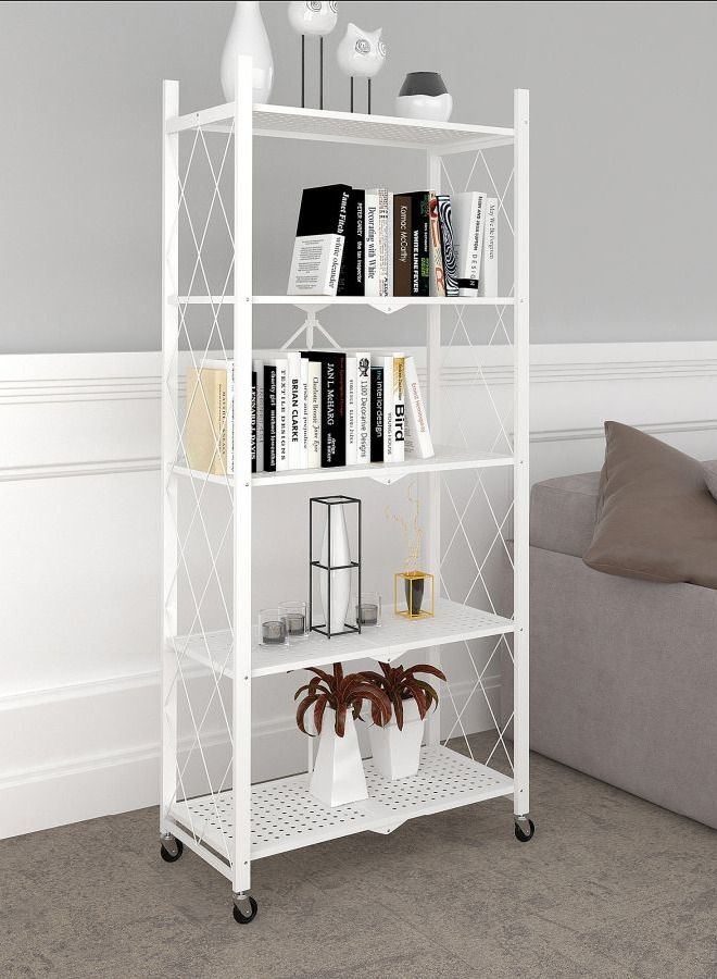 DubaiGallery 5 Tier Foldable Bookshelf Metal Storage Shelves with Wheels No Assembly Kitchen Garage Pantry Organization for Living Room Study Greenhouse  - Image 2