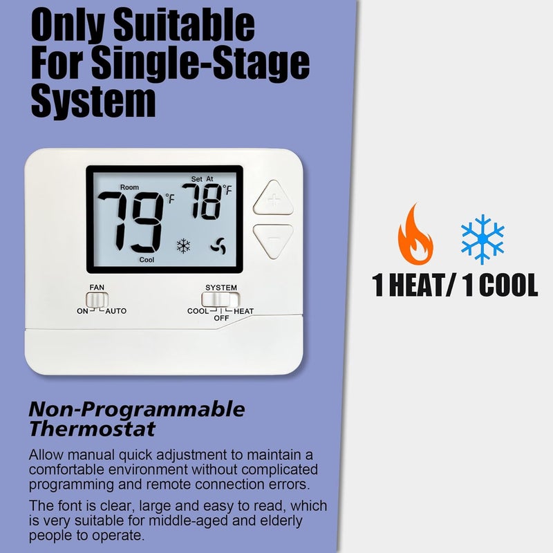 Heagstat Non-Programmable Thermostats for Home Conventional Single-Stage Systems, up to 1 Heat/ 1 Cool (with White Backlight) - Image 2