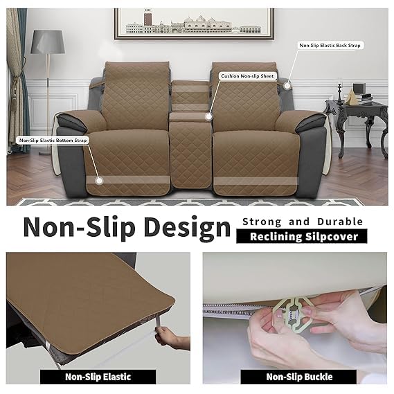 BLESSING PET SUPPLY EasyGoing Loveseat Recliner Cover Reversible Couch Cover for Double Recliner Split Sofa Cover for Each Seat Furniture Protector with Elastic Straps for Kids Dogs Pets 2 Seater Camel - Image 4