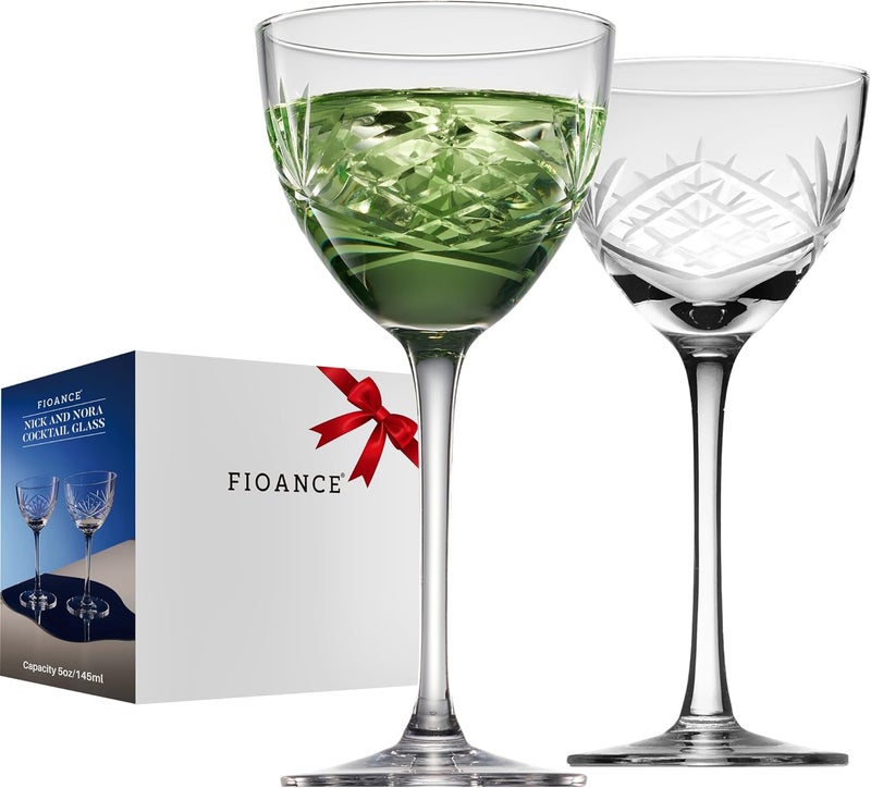 Fioance Nick and Nora Cocktail & Mocktail Glasses Set of 2 - Handcrafted (5oz Lead-Free Crystal Glasses) as Manhattan, Martini - Elegant Coupe Glass, Perfect for Home Bars and Gifts. - Image 1
