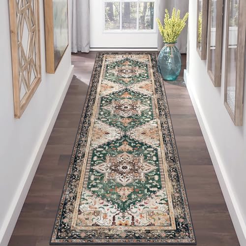 Yamaziot Washable Runner Rug, 2x8 Non-Slip Boho Vintage Hallway Rug Runner with Rubber Backing, Stain Resistant & Low Pile Faux Wool Distressed Carpet Runner for Kitchen, Laundry, Entrance, Turquoise - Image 1