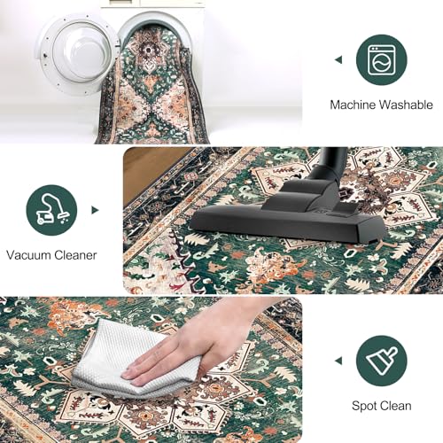 Yamaziot Washable Runner Rug, 2x8 Non-Slip Boho Vintage Hallway Rug Runner with Rubber Backing, Stain Resistant & Low Pile Faux Wool Distressed Carpet Runner for Kitchen, Laundry, Entrance, Turquoise - Image 5