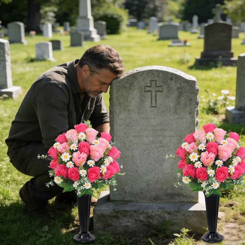Wocst Artificial Cemetery Flowers for Grave Memorial Day Flowers for Cemetery,2Pack Artificial Silk Roses Daisy Bouquets with Cemetery Vases for Outdoor Grave Decorations ï»¿ (Pink) - Image 2