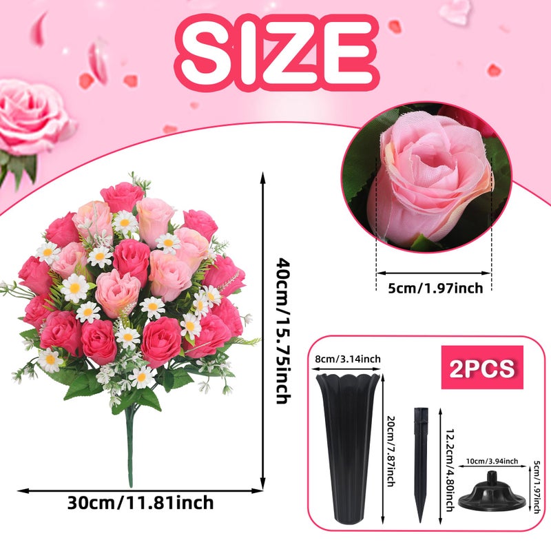 Wocst Artificial Cemetery Flowers for Grave Memorial Day Flowers for Cemetery,2Pack Artificial Silk Roses Daisy Bouquets with Cemetery Vases for Outdoor Grave Decorations ï»¿ (Pink) - Image 3