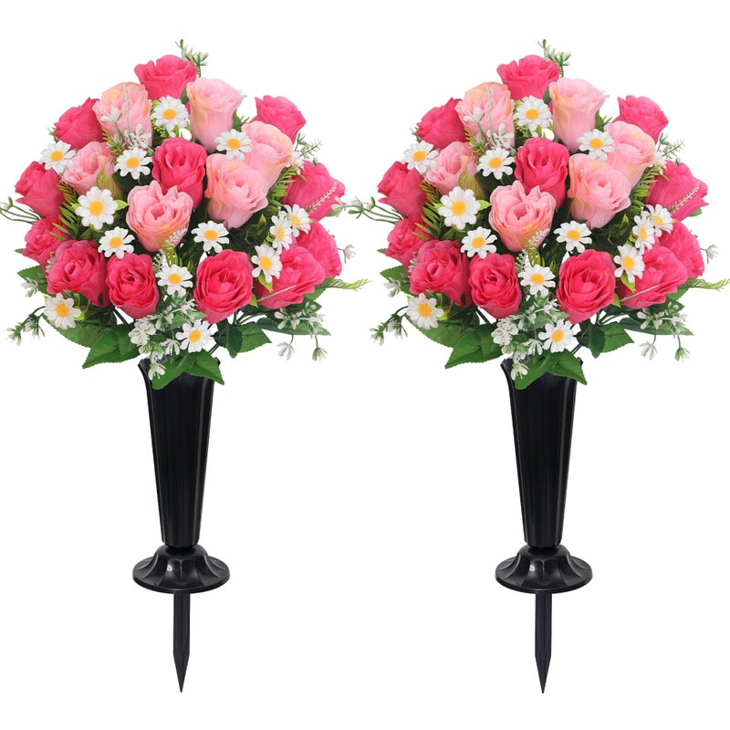Wocst Artificial Cemetery Flowers for Grave Memorial Day Flowers for Cemetery,2Pack Artificial Silk Roses Daisy Bouquets with Cemetery Vases for Outdoor Grave Decorations ï»¿ (Pink) - Image 1