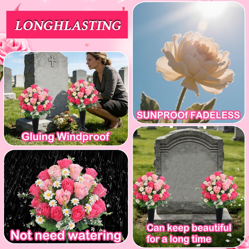 Wocst Artificial Cemetery Flowers for Grave Memorial Day Flowers for Cemetery,2Pack Artificial Silk Roses Daisy Bouquets with Cemetery Vases for Outdoor Grave Decorations ï»¿ (Pink) - Image 5