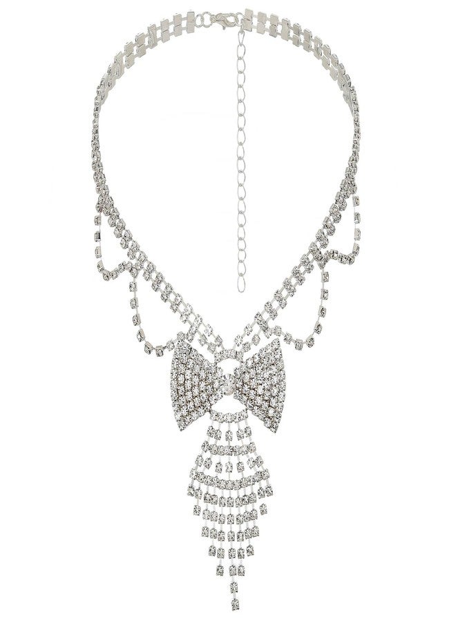 ELABEST LABEST Rhinestone Bowknot Necklace Bow Tie Tassel Choker Layered Tennis Chain for Women (Silver) - Image 1